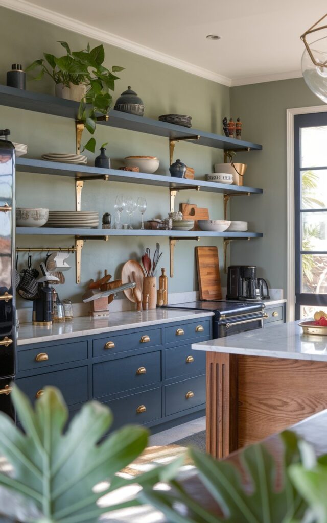 A photo of a luxurious Palm Beach-style kitchen with sage green walls and navy blue open shelves filled with cutlery and decor. There's a plant on one of the shelves. The kitchen has brass hardware, matte black appliances, and a wooden accent in the island. The room is filled with morning filtered light.