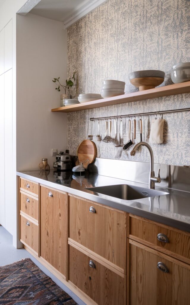 A photo of a Scandi + boho alder kitchen with a stainless steel countertop and modern, sleek kitchenware. The countertop contrasts the wooden alder cabinets. The backsplash has a design wallpaper that complements the countertop. There is a rug on the floor. The photo is a mid-shot view.