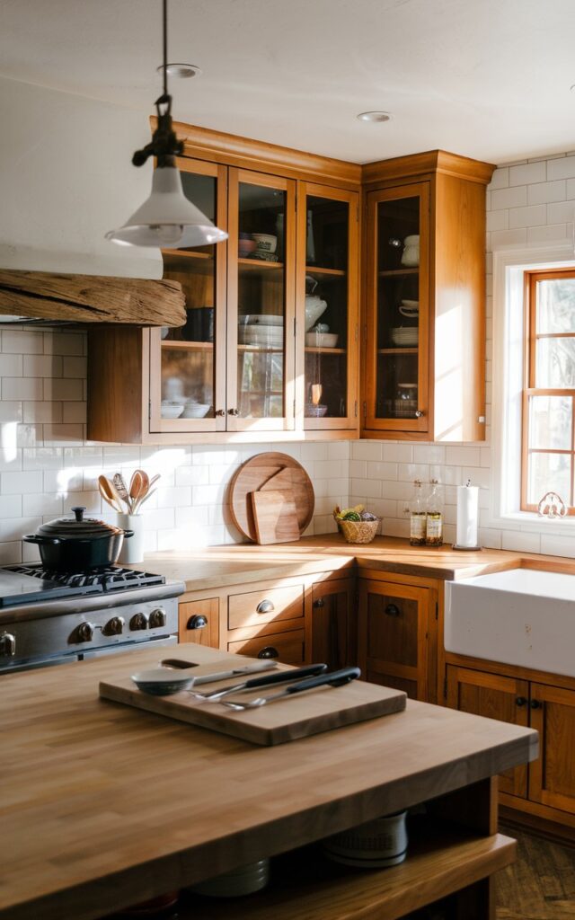 A photo of a Scandi + southwestern Alder kitchen, fully-furnished, with alder cabinets having Glass-Front Doors. Some cabinets have wooden doors. The kitchen has a large island with a butcher block top. There is a white farmhouse sink near the window. A black Le Creuset Dutch oven sits on a stovetop. A wooden cutting board with kitchen utensils is placed on the island. The lighting is warm and soft, casting long shadows.