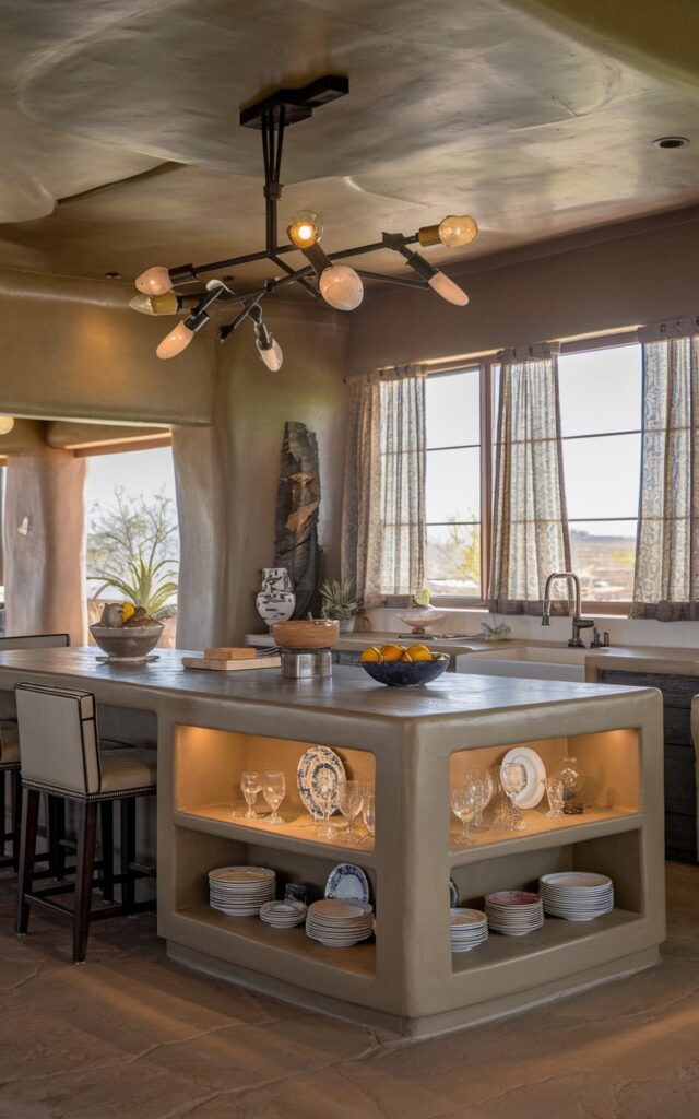 A photo of a Southwestern modern kitchen with an island that has a built-in display case for fine china, glassware, or quirky collectibles. The island is fully furnished and has seating. The ceiling has a sculptural chandelier with lights. The windows have curtains to allow soft, warm light.