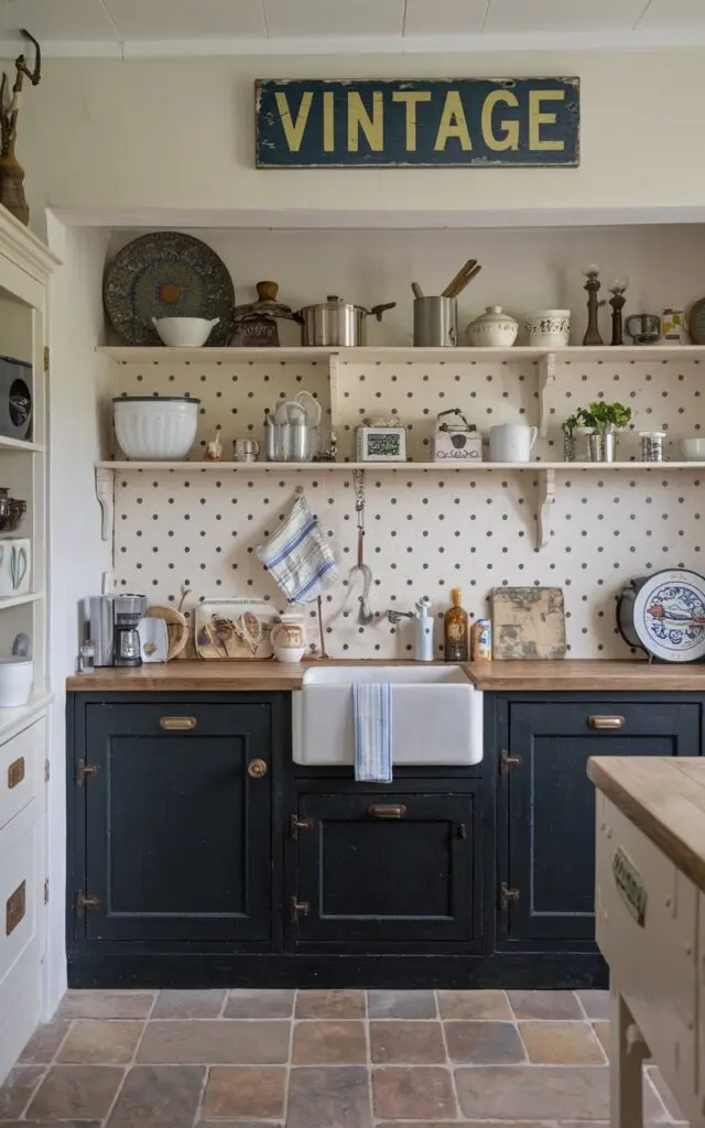 A photo of a transitional English countryside kitschy kitchen. The kitchen has a polka-dot backsplash and black cabinetry. The cabinetry is filled with kitchenware and decor. There is a vintage sign above the cabinetry. The floor is tiled. The kitchen has a rustic charm.