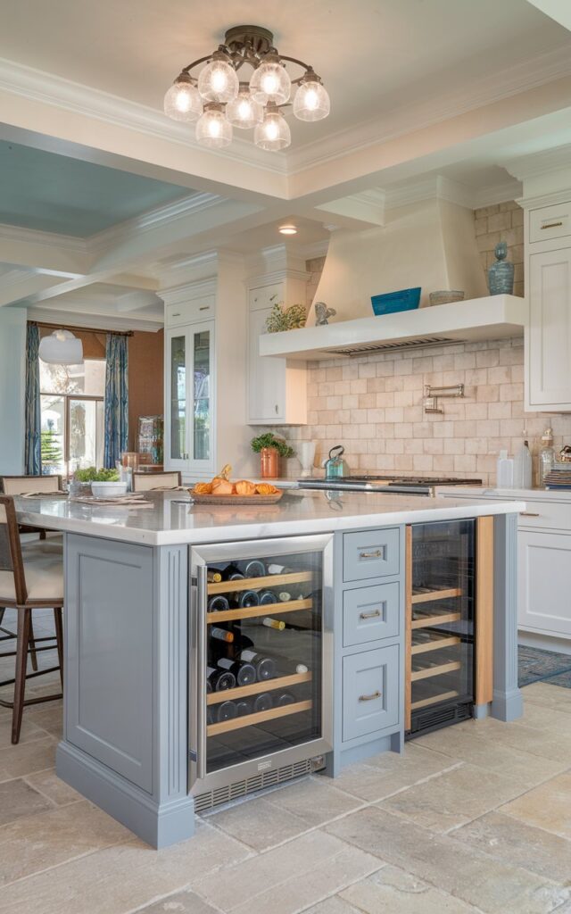 A photo of a transitional kitchen with an island that has a built-in wine fridge. The island is fully functional with appliances. The ceiling has a cluster light. The floor is tiled.