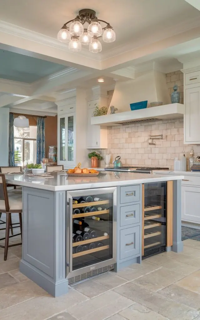 A photo of a transitional kitchen with an island that has a built-in wine fridge. The island is fully functional with appliances. The ceiling has a cluster light. The floor is tiled.