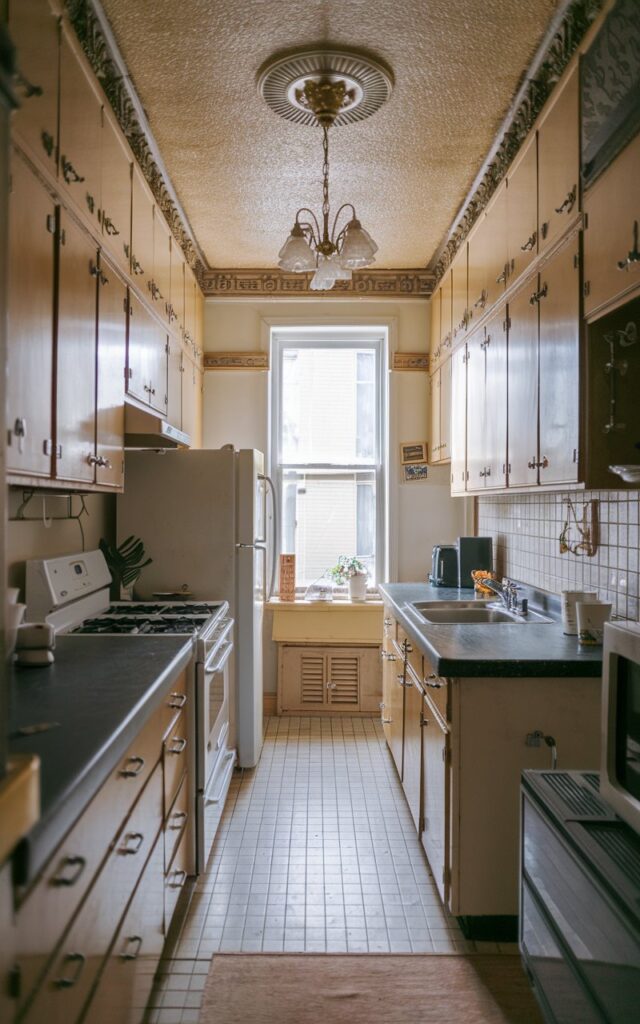 A photo of a small galley kitchen with a Victorian and mid-century modern design. The kitchen has ceiling-high cabinets, a popcorn ceiling, and a chandelier. There is a stove, a refrigerator, and a sink. The floor is tiled, and there is a window near the sink. The walls have decorative moldings.