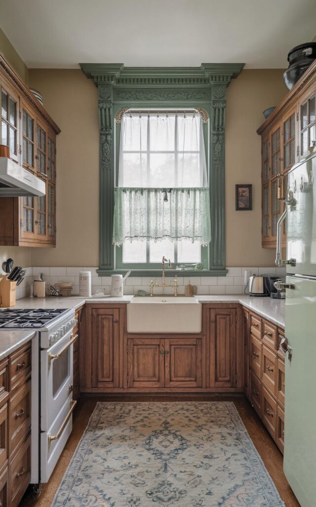 A photo of a Victorian-style kitchen with wood cabinetry and a neutral-colored wall. The kitchen is fully furnished, with a sink, stove, and refrigerator. There is a window above the sink with forest green detailed trim and a light green sheer curtain. The floor is covered with a patterned rug.