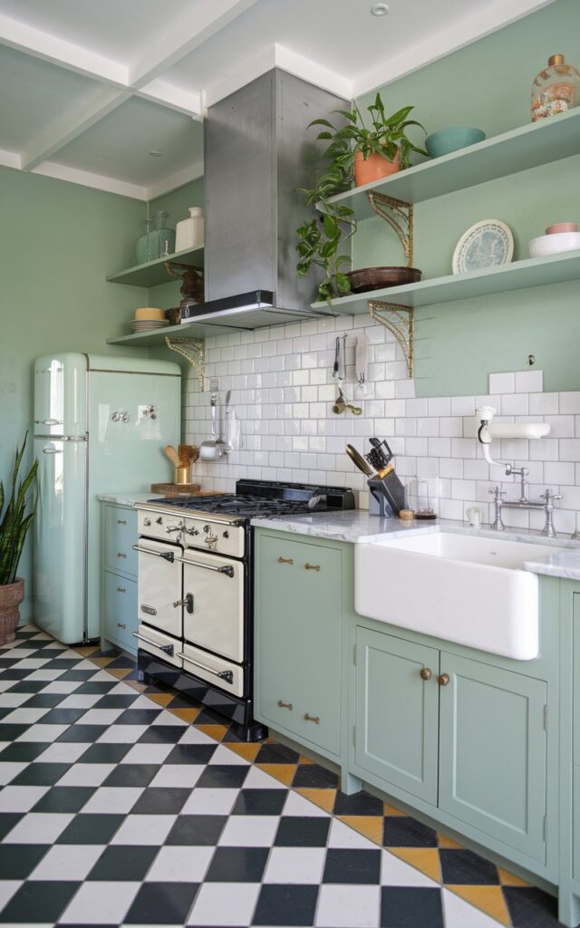 A photo of an art deco fully furnished kitchen with sage green Venetian Plaster walls and mint-colored shelves. The kitchen has a mix of modern and vintage elements, including a black and white checkered floor, a subway tile backsplash, and a marble countertop. There is a vintage stove, a modern refrigerator, and a vintage sink. The room has a few decorative items, including a potted plant, a vase, and a few cooking utensils. The overall ambiance of the room is bright and airy.
