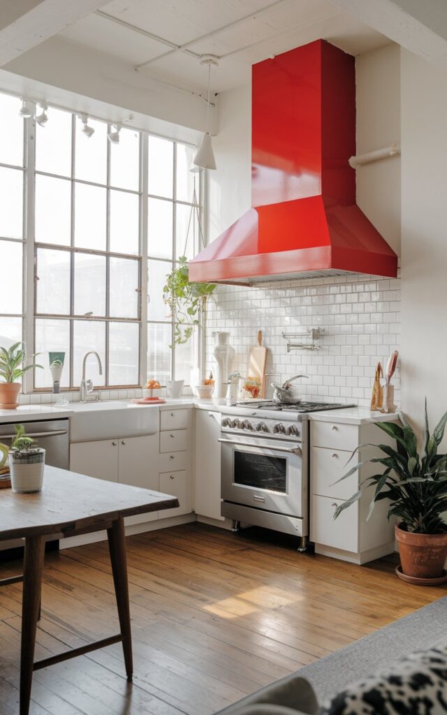 A photo of a Bauhaus-style kitchen with a bold red vent hood. The kitchen has clean white cabinets and stainless-steel appliances. There's a wooden table in the corner, and a few potted plants are placed around the room. The floor is made of wood. The room has large windows, allowing natural light to illuminate the space.