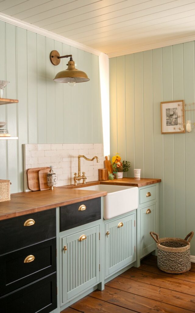 A photo of a boho-farmhouse kitchen with Pale Mint walls and gold accents. There's a wooden countertop with a vintage sink and a gold faucet. There's a black cabinet with a gold hardware. Above the sink, there's a gold light fixture with a rustic design. The floor is made of wooden planks. There's a woven basket near the sink. The room has a warm, soft lighting.