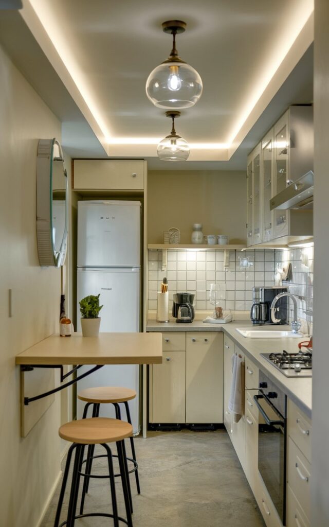 A photo of a small galley kitchen with a foldable wall-mounted table. There's a breakfast bar with a few stools. The kitchen is furnished with appliances, including a refrigerator, oven, and sink. There are glass pendant lights and ceiling cove lighting. The lighting is mild, soft, and even.