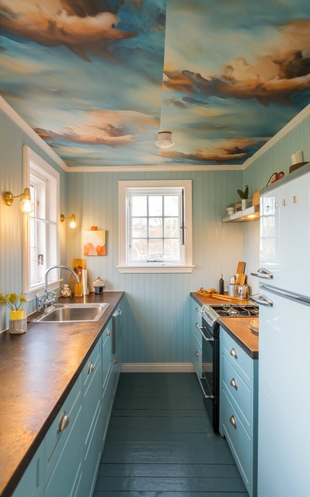 A photo of a small galley kitchen in a coastal farmhouse. The ceiling has a wallpaper with sky scenes, clouds, and abstract art. The floor, countertop, and walls complement the ceiling. The kitchen is fully furnished with a sink, stove, and refrigerator. There is a window above the sink. The lighting is warm, soft, and ambient throughout the room.