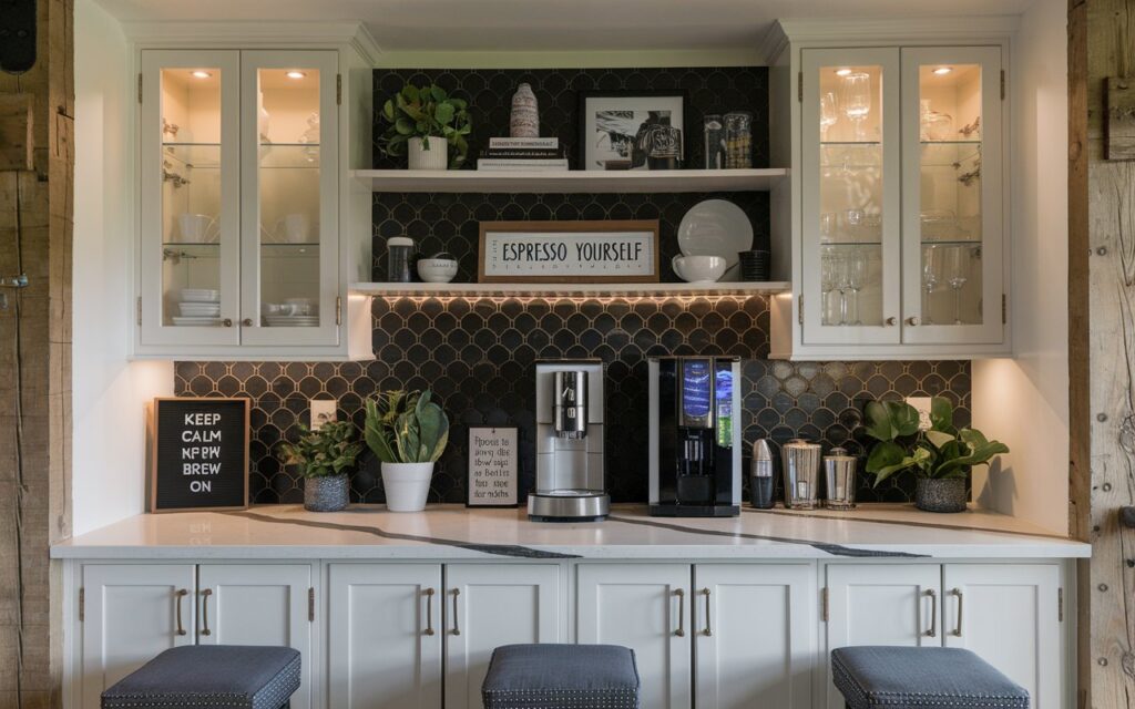 A photo of a French country + cottagecore kitchen with a coffee station. The coffee station has a stylish coffee maker, a signboard with slogans like "Keep Calm and Brew On" and "Espresso Yourself", a few books, and plants. The station is placed on a white marble countertop with thin black veining and has a black patterned backsplash. There are cabinets with LED lights on and small stools for seating. The kitchen has a rustic charm with exposed wooden beams. The lighting is from LED.