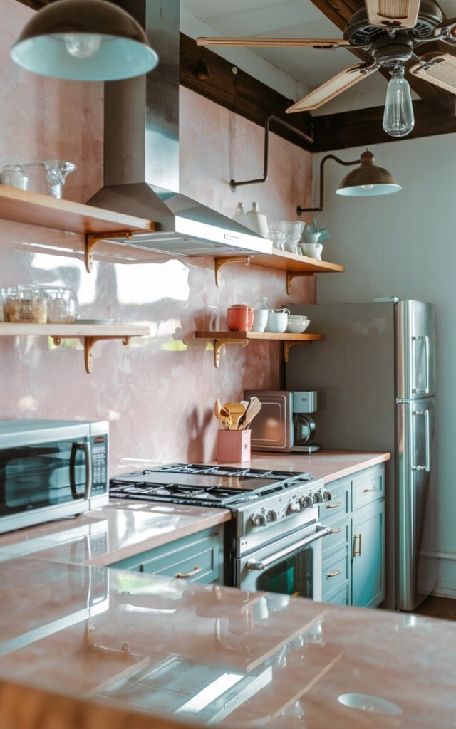 A photo of a cottagecore small galley kitchen with a glossy pink limestone backsplash. The countertop has sleek appliances, including a stove, a microwave, and a refrigerator. The kitchen has glass accents to reflect light. There is an industrial ceiling fan and pendant lights overhead. The natural lighting is soft and ambient.