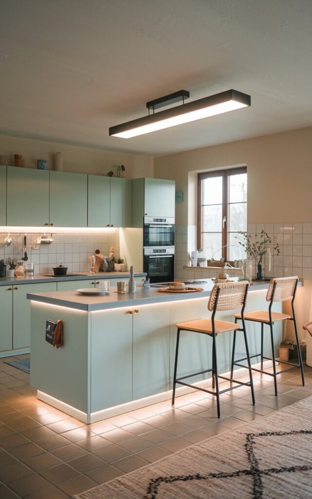 A photo of a farmhouse with a Bauhaus-style kitchen. The kitchen has a pastel-colored kitchen island with a countertop, essentials, and seating. The cabinets in the island have strip LED lights underneath. The only light source is the LED lighting. The ceiling has a linear pendant light. The floor is tiled and has a rug.