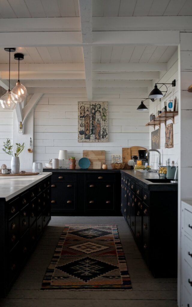A photo of a coastal modern, fully-furnished black kitchen with white walls in a farmhouse. The wall above the countertop has an artwork. The floor has a contrasting rug. The ceiling has cluster pendant lights. The scene is during dawn time with ambient lighting.