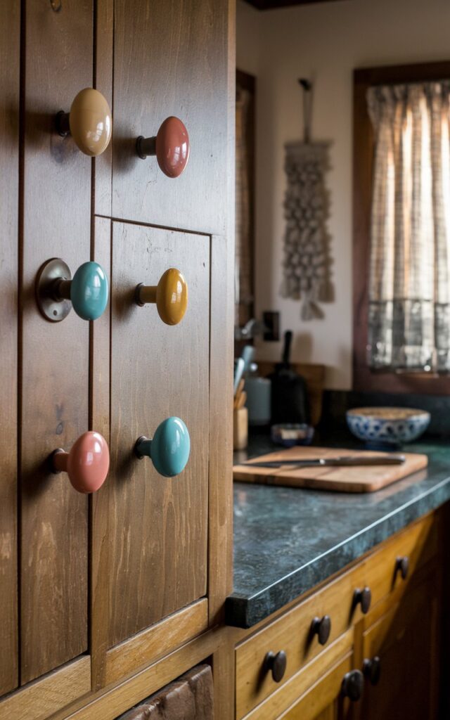 A few cabinets have Ceramic Knobs in unique shapes in turquoise, mustard, or coral hues, of a craftsman + Asian Zen kitchen. Show closer view of the cabinets and countertop with essentials. Lighting is focused on the knobs.