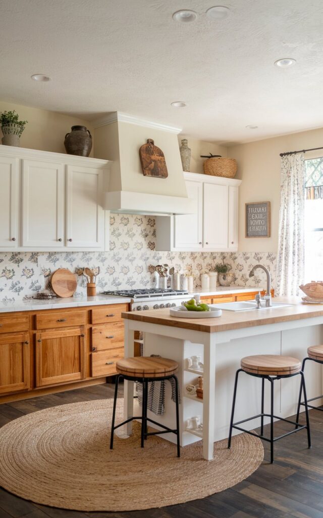 A photo of a French country and boho-style alder kitchen with white upper cabinets and alder wood cabinets below. The cabinets have a mild floral patterned backsplash. The ceiling has recessed lighting. The kitchen has a fully furnished island with a butcher block top, a sink, and a few stools. There's a large, round rug under the island. The walls have a few decorative items, including a wooden basket, a pot, and a sign. The room has a window with a curtain.