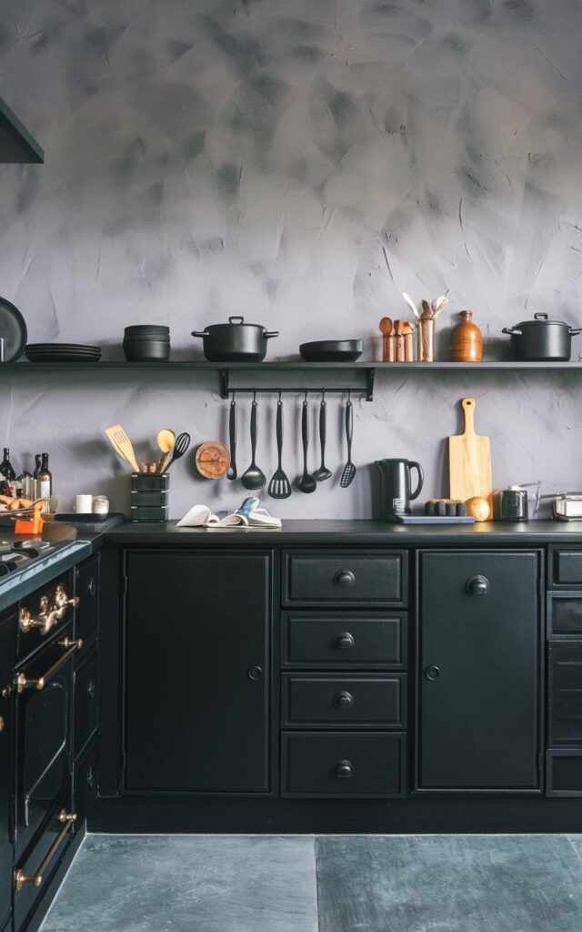 A photo of a fully-furnished Bauhaus Modern black kitchen with black cabinetry and soft gray textured walls. The countertop has utensils, cooking hardware, and other essentials. The floor is made of grey tiles. The lighting is soft and natural.