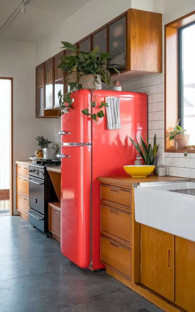 A long shot of a fully-furnished Bauhaus-style kitschy kitchen with a refrigerator in bright red color. On top of the refrigerator, there's a plant and other items. The kitchen has wooden cabinets, a black stove, and a white sink. A yellow bowl and a green plant are placed on the wooden counter near the sink. The floor is made of grey tiles. The lighting in the room is soft and natural.
