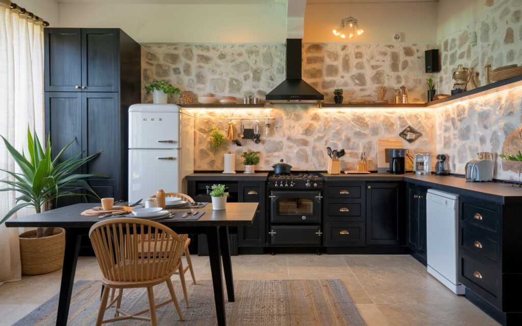 A photo of a fully-furnished Boho + cottagecore modern black kitchen with a textured stone backsplash. There is a wooden dining table with chairs and a potted plant near the window. The kitchen has black cabinets, a black range hood, and a black countertop. There are white appliances, including a fridge, an oven, and a dishwasher. The stone backsplash has a beige and grey pattern. The floor is covered with beige tiles. The room has warm lighting.