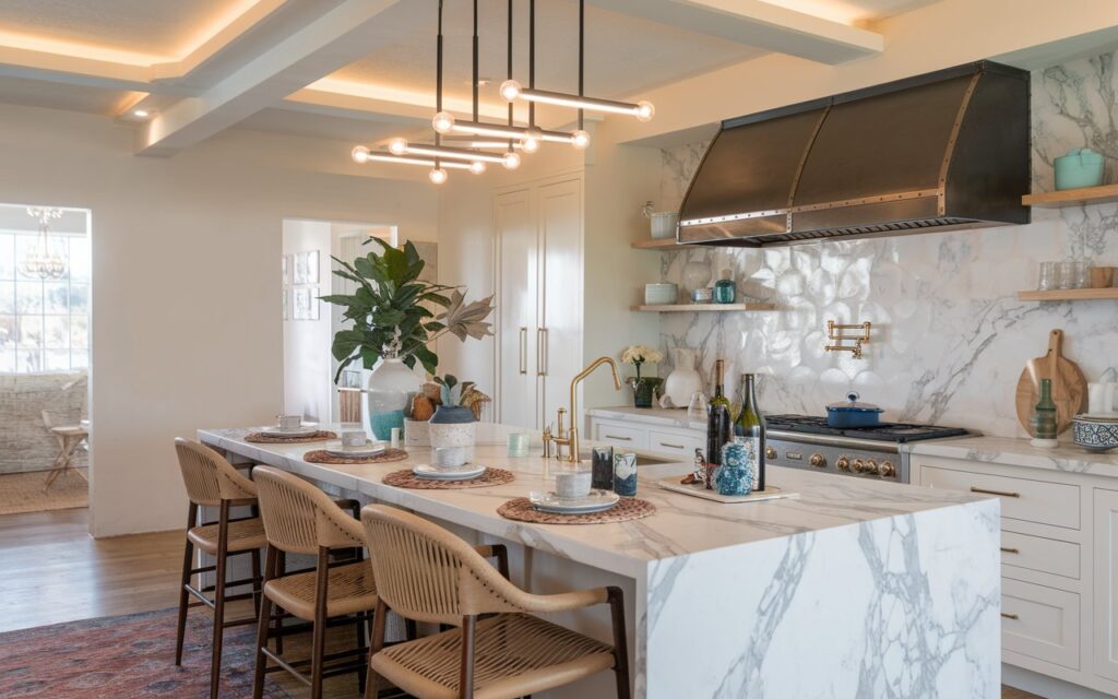 A photo of a boho + cottagecore kitchen island with a marble countertop, a sink, kitchenware, a rangehood, a cooktop, decor, a plant, and seating. The ceiling has a cluster linear pendant light. The floor has a contrasting designed rug. The kitchen is faded in the background, with a designer wallpaper as a backsplash. The lighting is warm and ambient.