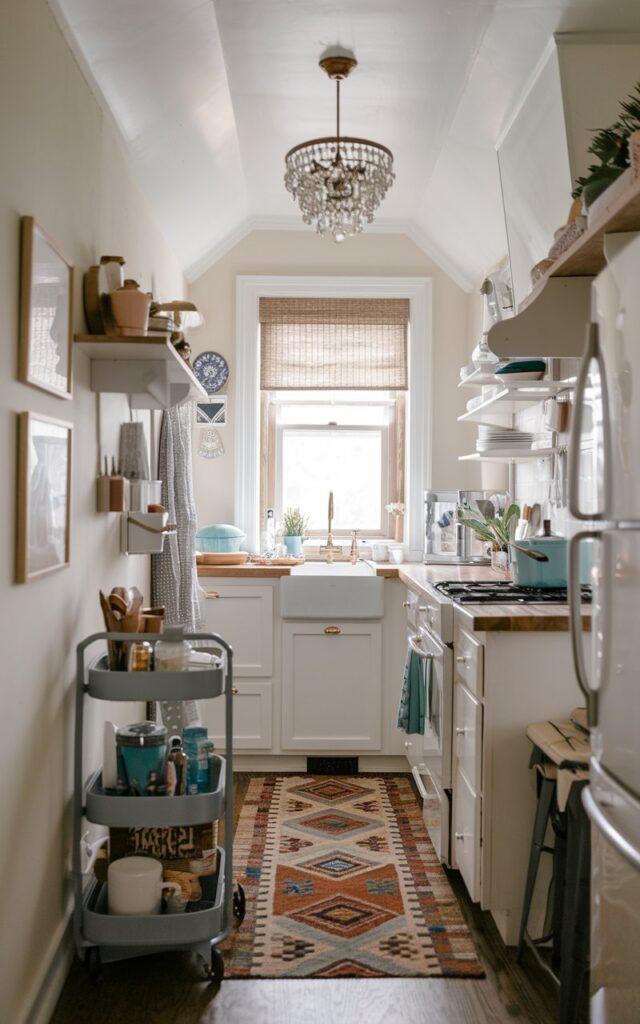 A photo of a tiny galley kitchen with a boho and cottagecore aesthetic. The kitchen has a pop-up ceiling and a chandelier. There is a rolling cart near the counter with essential items. The floor has a contrasting patterned rug.