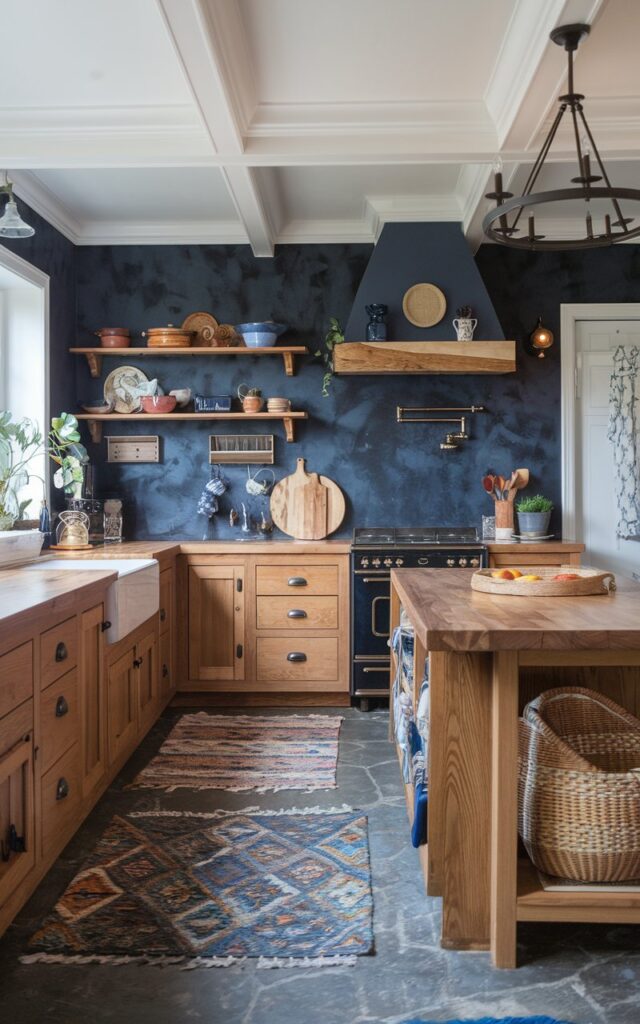 A photo of a fully-furnished Boho + craftsman alder kitchen with alder cabinets and island. The walls are navy blue or charcoal textured. There are rugs on the floor and the ceiling is trimmed with a chandelier.