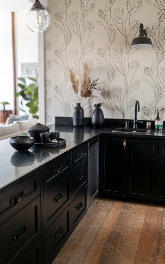 A photo of a black kitchen with boho and farmhouse modern elements. The kitchen has a black countertop, backsplash, and cabinets. There are black bowls and a vase on the countertop. The floor is made of wood. The walls have a pattern with plants and rope. There is a light fixture hanging above the sink. The background is blurred, showing a living space with a sofa and a plant.