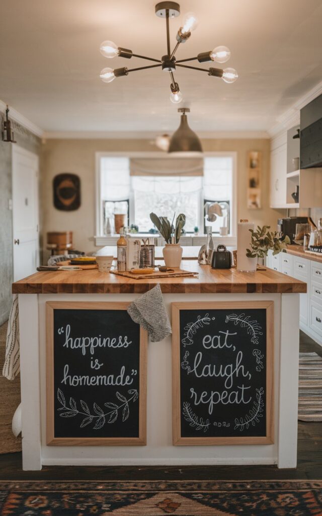 A photo of a boho-style kitchen with a fully furnished island. The island has a wooden countertop and features two chalkboards. The first chalkboard has the quote "Happiness is homemade" and the second one has "Eat, laugh, repeat". There are doodles on both chalkboards. The island also contains essentials and cookware. The kitchen is seen blurred in the background. The ceiling has a modern chandelier. The floor has a rug. The lighting is warm and ambient.
