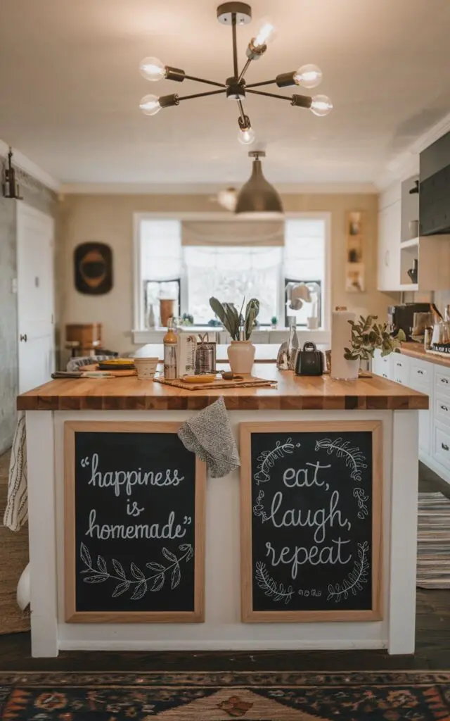 A photo of a boho-style kitchen with a fully furnished island. The island has a wooden countertop and features two chalkboards. The first chalkboard has the quote "Happiness is homemade" and the second one has "Eat, laugh, repeat". There are doodles on both chalkboards. The island also contains essentials and cookware. The kitchen is seen blurred in the background. The ceiling has a modern chandelier. The floor has a rug. The lighting is warm and ambient.