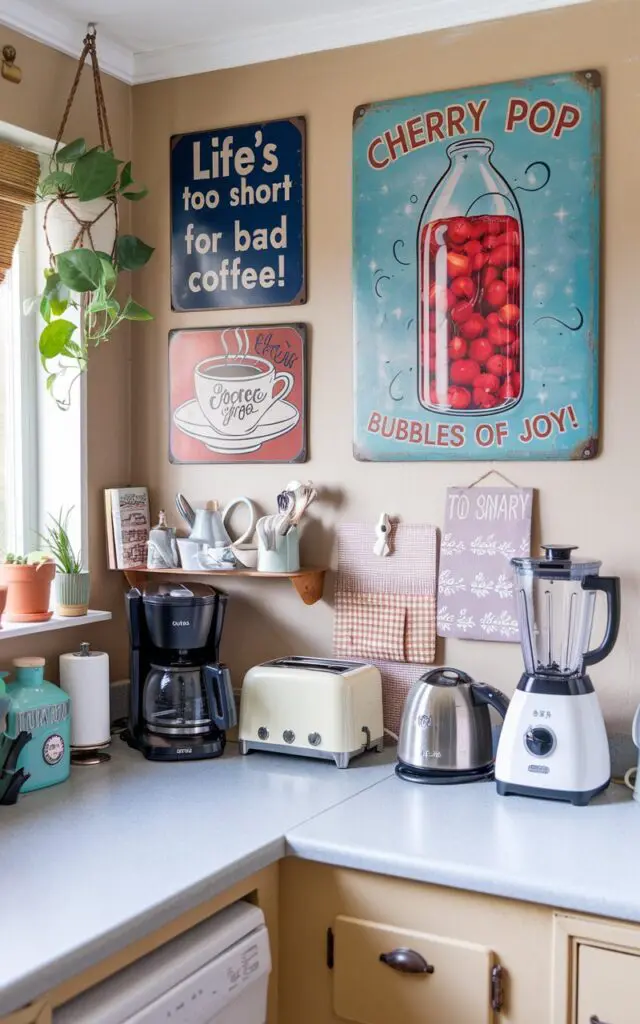 A photo of a cottagecore + boho kitschy kitchen with a vintage retro aesthetic. The kitchen has a fully furnished countertop with various items, including a coffee maker, a toaster, a blender, and a kettle. Above the countertop, there are retro tin signs. One sign has the slogan "Life’s Too Short for Bad Coffee!" with a steaming coffee cup illustration. Another sign has the slogan "Cherry Pop Soda – Bubbles of Joy!" with a glass soda bottle filled with bright red cherries and a bubbly background. The walls are painted beige, and there is a plant hanging near the window.