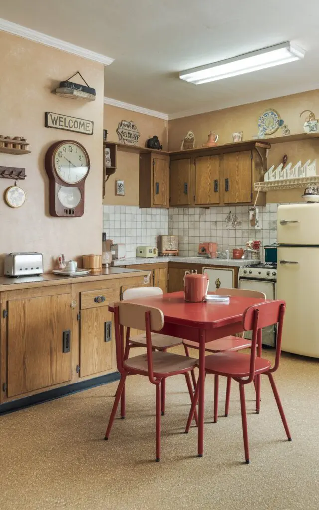A photo of a fully-furnished English countryside kitschy kitchen with a retro diner-style clock on the wall. The kitchen has a vintage feel with its wooden cabinets, beige walls, and a linoleum floor. There's a red table in the middle of the room, with a few chairs around it. The counter has a few items, including a toaster, a kettle, and a few plates. There's also a refrigerator and a stove. The wall has a few decorative items, including a sign that says "Welcome".