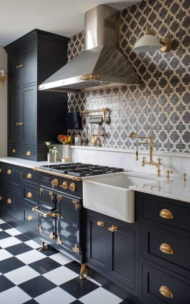 A photo of a fully-furnished English countryside modern black kitchen. The kitchen has bold black cabinets with gold hardware. There is a white marble countertop with a gold-trimmed sink. There is a stainless steel range hood above the stove. The backsplash is a black and white patterned tile. There are white cabinets with gold handles below the countertop. A gold faucet is mounted on the counter. A black and white checkered floor adds to the kitchen's charm.
