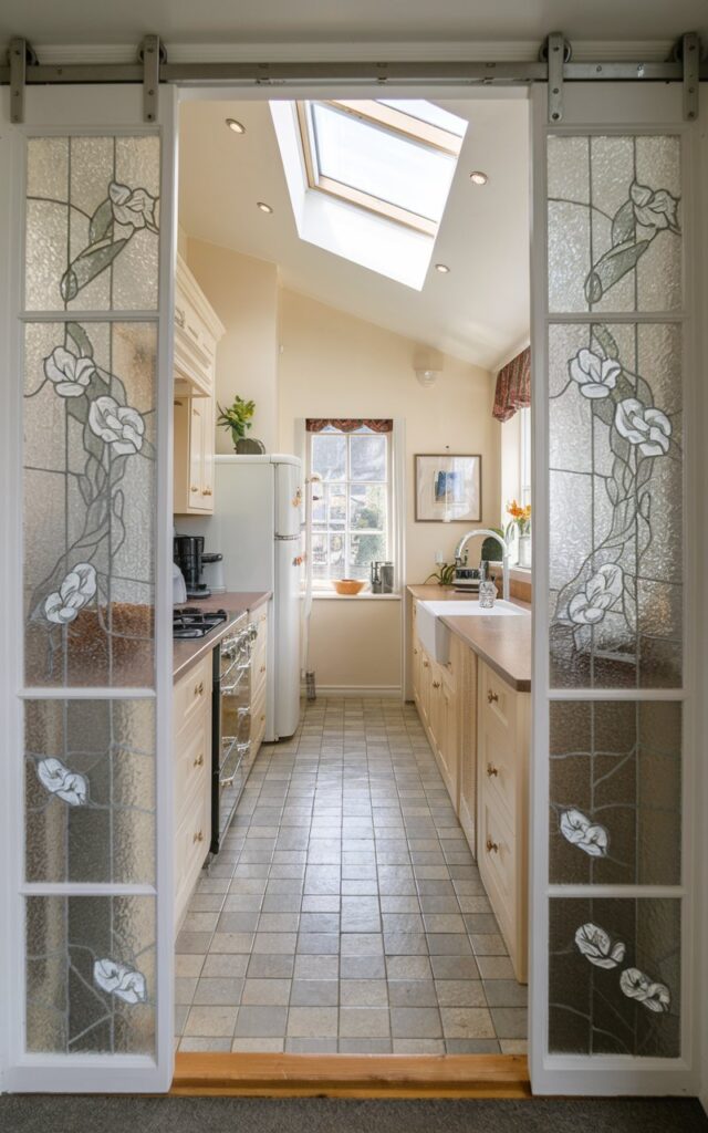 A photo of a fully-furnished English countryside small galley kitchen with a frost glass sliding door in a floral pattern. The other side of the door is a laundry room. The kitchen has a vaulted ceiling with a skylight. There is a stove, oven, refrigerator, and sink in the kitchen. The floor is tiled, and there are cabinets and a countertop. The lighting is bright.
