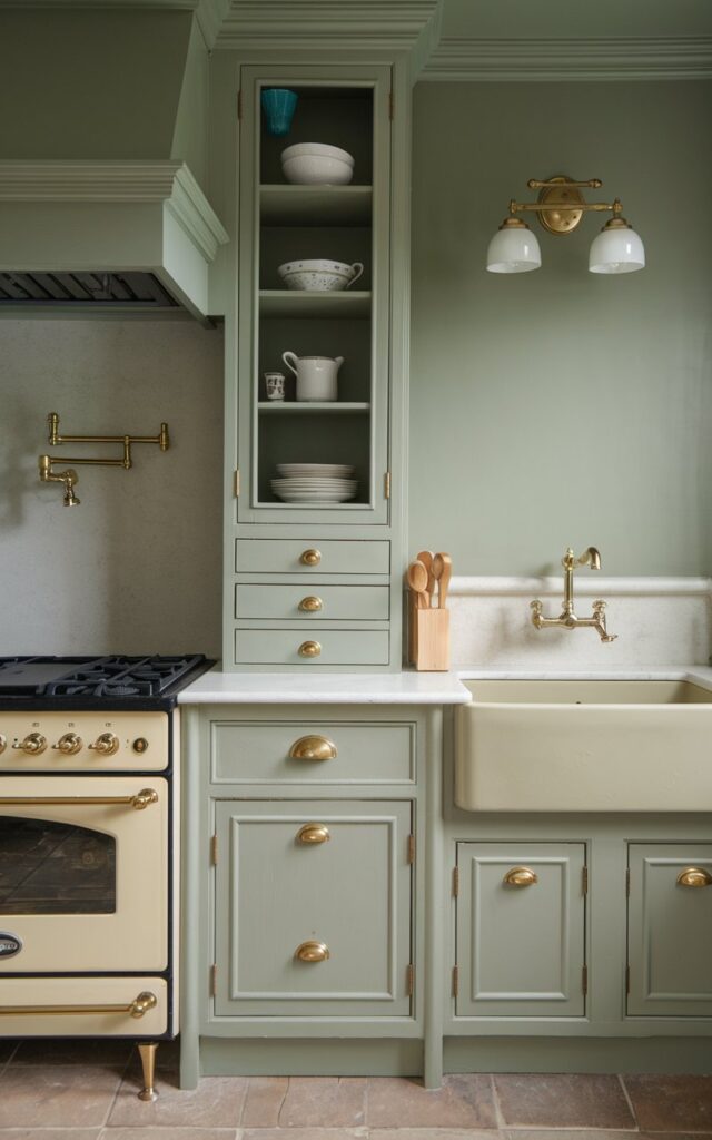 A photo of a fully furnished French Country kitchen with sage green walls and gold accents in the hardware. The lighting is focused on the walls and kitchen hardware. There is a white cabinet with gold hardware, a beige oven with gold knobs, and a beige sink with a gold faucet. The cabinet has a few dishware items. The wall has a light fixture with gold accents. The floor is tiled.