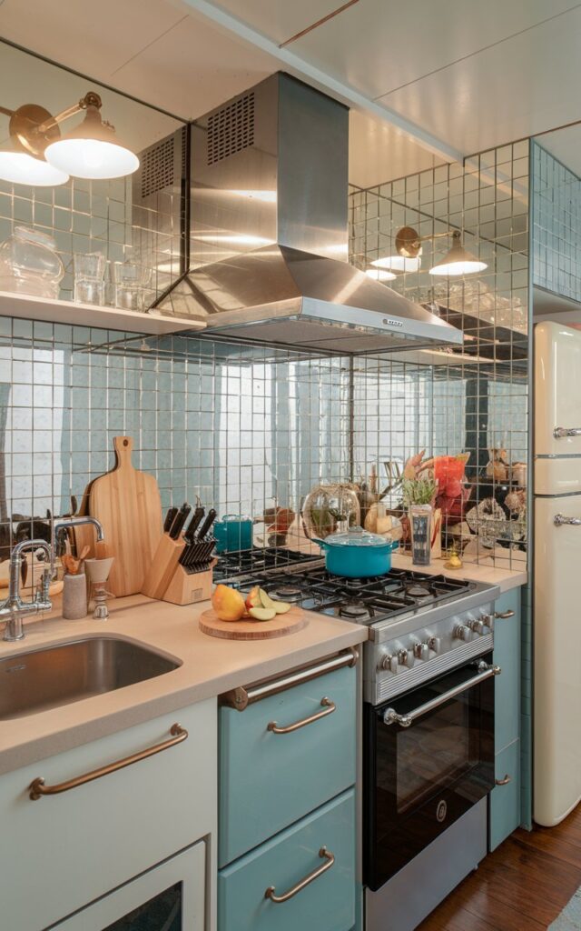 A photo of a small galley kitchen with a French country and art deco style. The kitchen has a mirrored backsplash. There is a fully-furnished kitchen with a stove, oven, sink, and refrigerator. The countertop has essentials like a knife, cutting board, and fruit. The lighting is warm and soft.
