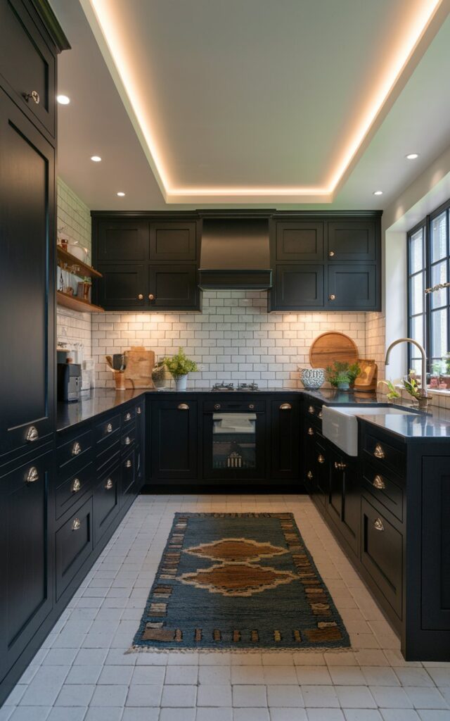 A photo of a fully-furnished French country black kitchen with black cabinets and a white tiled backsplash. The floor is tiled and features a rug. There is a recessed ceiling with an in-built light source that provides soft and warm lighting throughout the room.