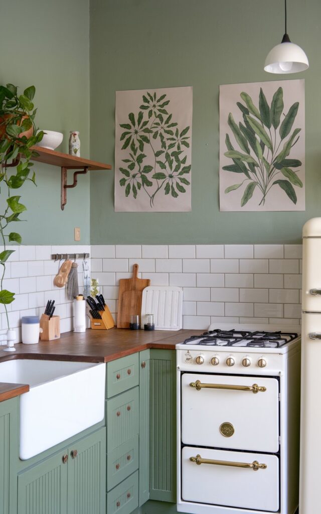 A photo of a fully furnished Japandi kitchen with sage green walls and botanical prints as wall art. The kitchen contains a wooden countertop with a white stove, a white sink, and a white refrigerator. There are also a few decorative items, such as a green plant and a few cooking utensils. The lighting is mild and even.