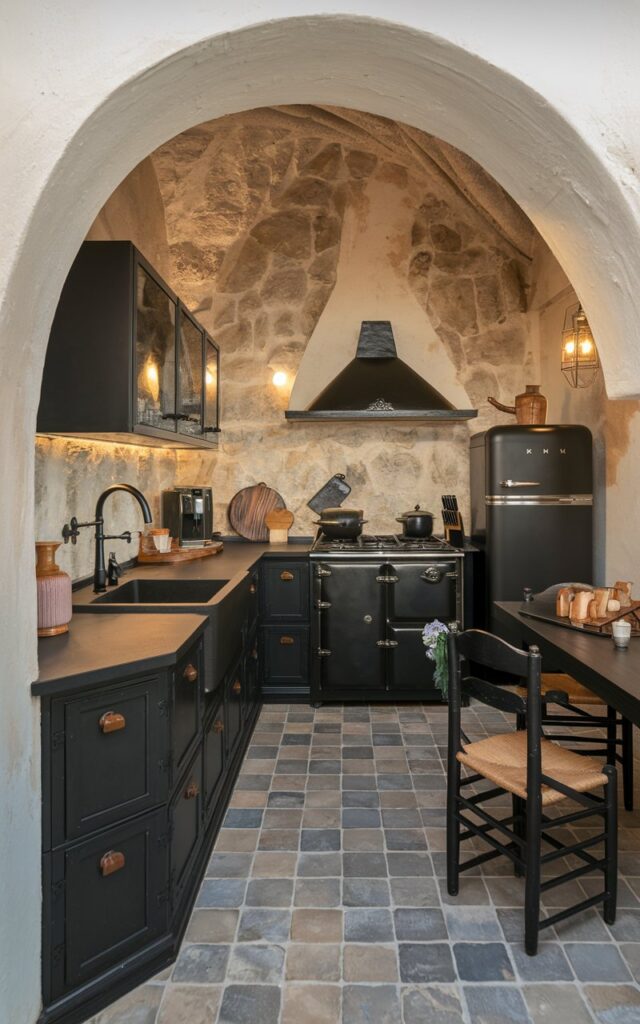 A vignette shot of a Mediterranean chic modern black kitchen with a textured stone backsplash. The kitchen is fully furnished with a black countertop, black cabinets, and a black sink. There is a black stove and a black refrigerator. A black chair is placed near the stove. The floor is tiled with gray and beige squares. The lighting is warm.