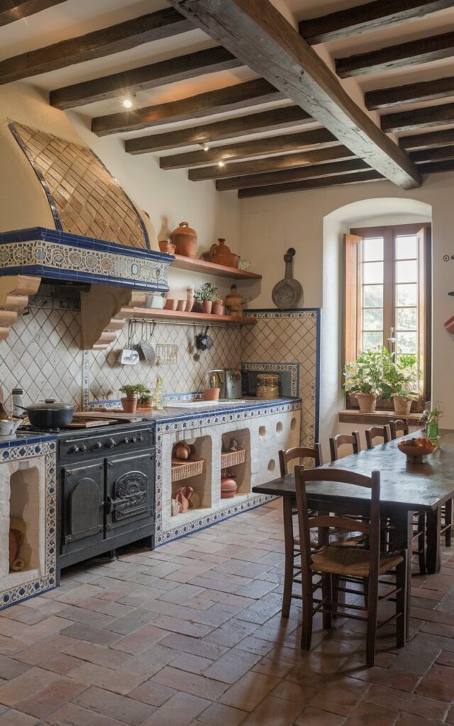 A photo of a fully furnished Mediterranean kitchen with intricate tilework around the vent hood. The kitchen has a rustic charm with exposed brick walls, wooden beams, and a vintage oven. There is a long wooden table with chairs near the window. The floor is made of terracotta tiles. The walls are adorned with pots and pans. There are potted plants near the window. The overall ambiance is warm and inviting.