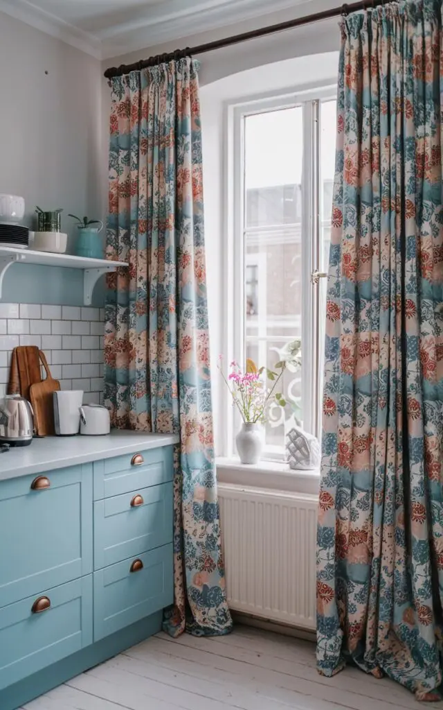 A photo of a fully-furnished Scandinavian and cottagecore kitschy kitchen with bold color and patterned curtains on the window. The curtains are the focal point of the kitchen. The lighting is soft, subtle, and even.