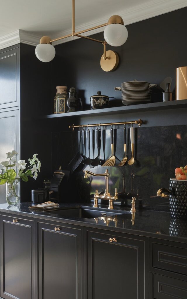 A photo of a fully-furnished Victorian modern black kitchen with black and gold utensils for a cohesive look. The kitchen has a gold accent in the faucet, light fixture, and decor. The natural lighting is soft and diffused.