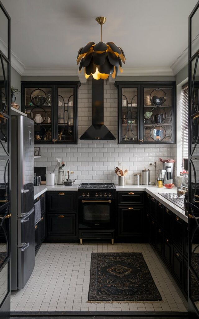 A photo of a fully furnished Victorian modern black and white kitchen. The kitchen has a flower cluster black pendant light with gold accents. There is a rug on the floor. The kitchen does not have an island. The room has no natural light.