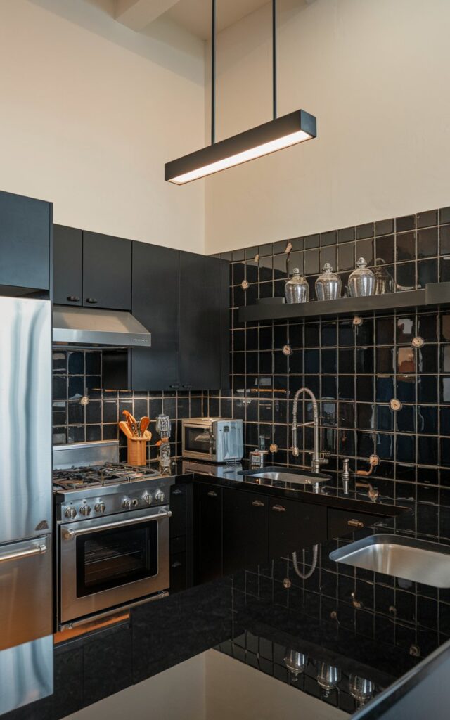 A photo of a black kitchen with an art deco and cottagecore style. The kitchen has black cabinets and stainless steel appliances. The walls have a black designed backsplash. There is a linear pendant light hanging from the high ceiling. The lighting is soft and diffused.