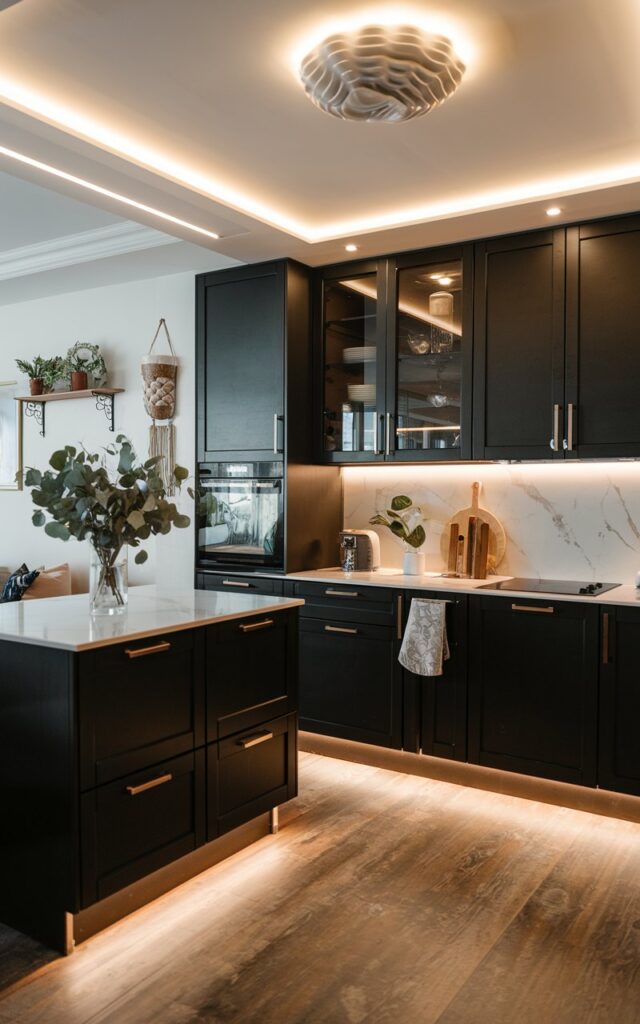 A photo of a fully-furnished boho modern black kitchen with black cabinets and under-cabinet LED lighting. The ceiling has a sculptural light fixture. The lighting is soft and warm. There is a white marble countertop with a vase of greenery and a few cooking utensils. The floor is made of wooden planks. The walls have a few hanging items, including a planter and a decorative piece.