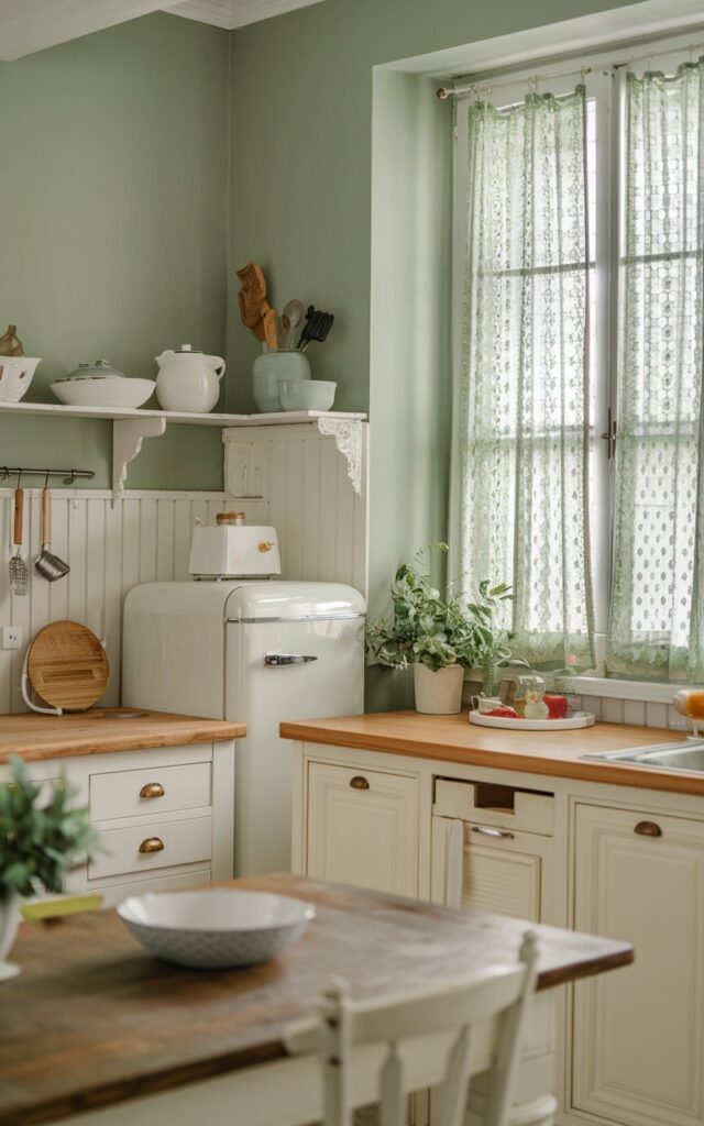 A photo of a fully furnished coastal and French country kitchen. The walls are a soft sage green. There is a white cupboard, a wooden counter, and a white refrigerator. There is a wooden table with a white chair. On the counter, there are a white bowl, a wooden utensil, and a green plant. There are green lace curtains on the window. The lighting is soft and warm.