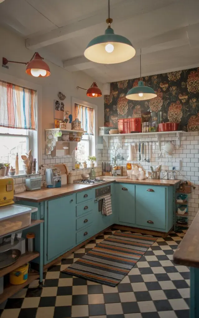 A wide angle shot of a fully-furnished cottagecore + chic kitschy kitchen with vintage checkered flooring. The kitchen has pendant lights, a bold wallpaper, and a striped rug. There are various kitchen appliances, utensils, and ingredients on the counter and shelves. The lighting in the kitchen is ambient.