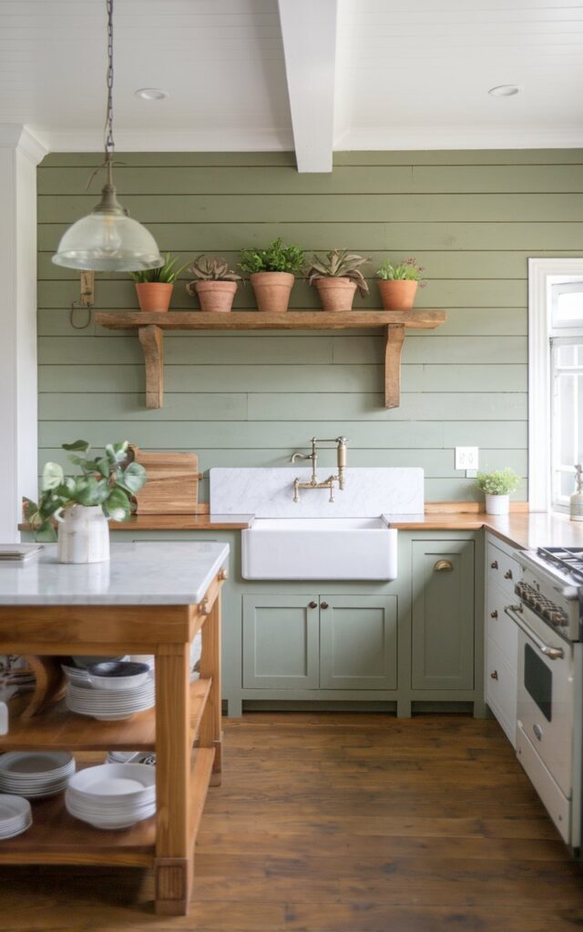 A photo of a fully furnished farmhouse kitchen with a sage green shiplap feature wall. The kitchen has a wooden island with a white marble countertop. There's a white farmhouse sink beside the island. Above the island, there's a wooden shelf with potted plants. The floor is made of wood. There's a vintage light fixture hanging from the ceiling.