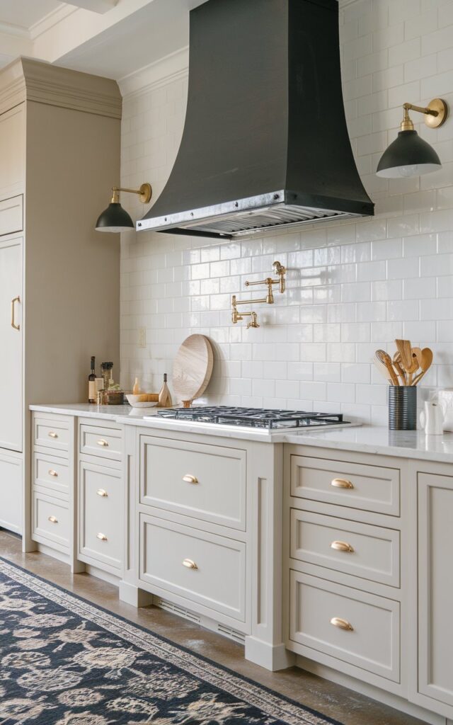 A photo of a fully furnished kitchen with light or neutral cabinets and a black matte vent hood for a high-contrast look. There are brass or gold accents on the faucet, light switches, and a few small appliances. The floor has a dark and light patterned rug. Wall scones in the kitchen provide soft, warm lighting.