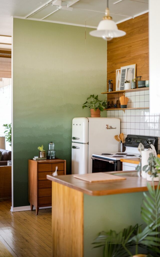 A photo of a japandi-style kitchen with a mid-century modern aesthetic. The kitchen has a fully furnished area with a green ombré wall from sage to emerald. The corner angle shot reveals a wooden cabinet, a white refrigerator, and a black stove. There is a wooden countertop with a few items placed on it. The room has wooden floors and a light fixture hanging over the countertop. The background is blurred, revealing a living space with a sofa and a plant.