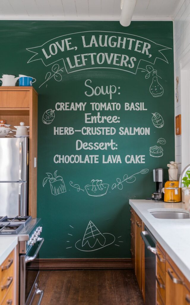 A mid-shot photo of a fully furnished mid-century modern kitchen with a green chalkboard wall. The chalkboard wall has the slogan "Love, laughter, leftovers" and the day's specials: "Soup: Creamy Tomato Basil, Entree: Herb-Crusted Salmon, Dessert: Chocolate Lava Cake". There are doodles around the text. The kitchen has a wooden cabinet, a stove, a refrigerator, and a sink.